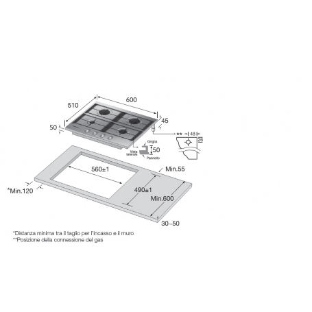 SAMSUNG NA64H3010AS PIANO COTTURA DA INCASSO 60CM 4 FUOCHI A GAS GRIGLIE IN GHISA INOX