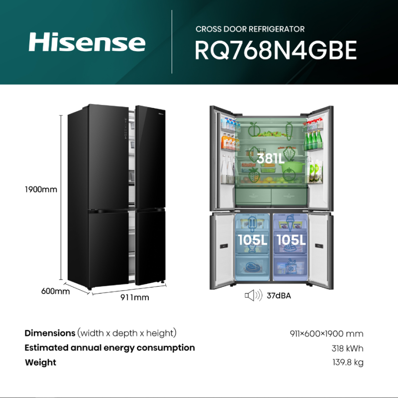 HISENSE RQ768N4GBE FRIGORIFERO 4 PORTE 591LT...