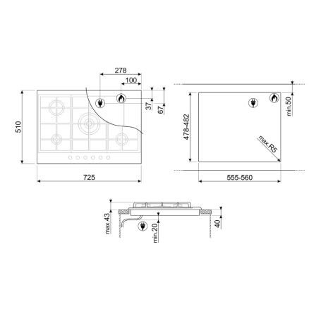 SMEG P272XGH PIANO COTTURA 75 CM 5 FUOCHI A GAS COLORE INOX