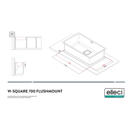ELLECI W-SQUARE 700 LIW700SACMU LAVELLO MONOVASCA 74x44CM ACCIAIO INOX
