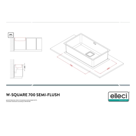 ELLECI W-SQUARE 700 LIW700SACMU LAVELLO MONOVASCA 74x44CM ACCIAIO INOX