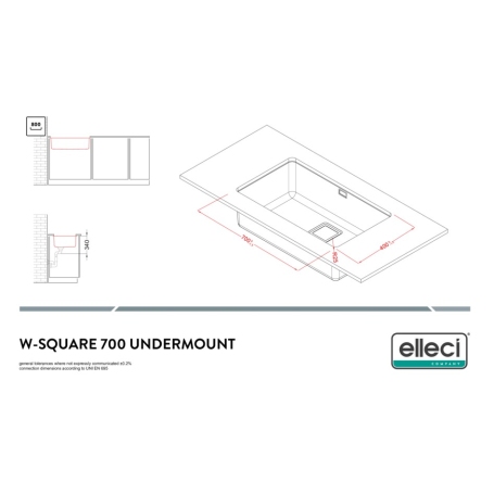ELLECI W-SQUARE 700 LIW700SACMU LAVELLO MONOVASCA 74x44CM ACCIAIO INOX