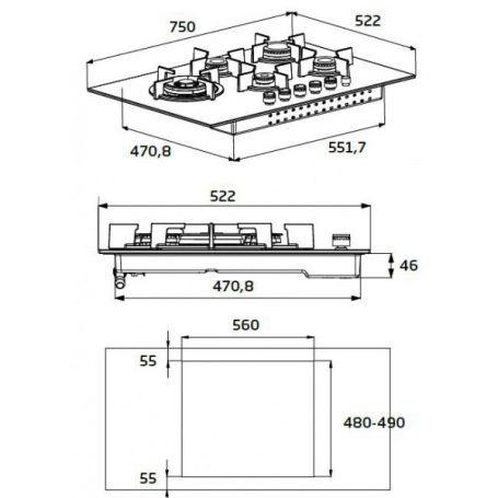 BEKO HILL75222S PIANO COTTURA DA INCASSO 75CM 5 FUOCHI A GAS GRIGLIE IN GHISA IN VETRO NERO