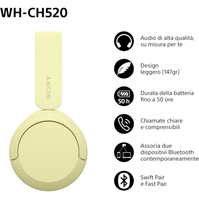 SONY WHCH520Y.CE7 CUFFIE ON EAR WIRELESS...
