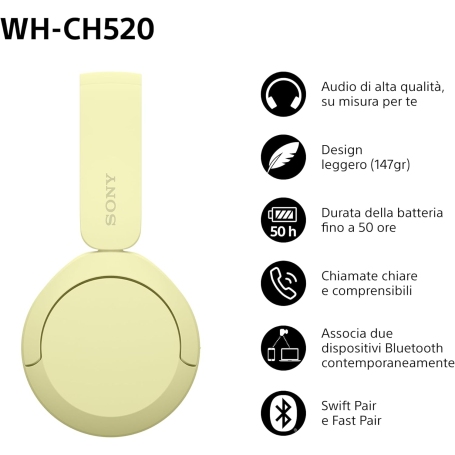 SONY WHCH520Y.CE7 CUFFIE ON EAR WIRELESS BLUETOOTH SENZA FILI - GIALLO