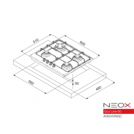 NEOX A0604VNGC ECO LINE 60 PIANO COTTURA 60CM 4 FUOCHI A GAS - INOX