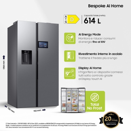 SAMSUNG RS90F65EDT FRIGORIFERO SIDE BY SIDE NO FROST 614LT WIFI DISPENSER E DISPLAY CLASSE D COLORE INOX