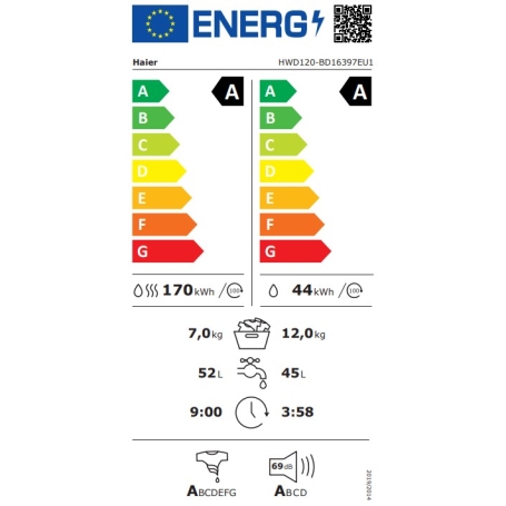 HAIER HWD120-BD16397EUS LAVASCIUGA 12/7 KG 1600 GIRI WIFI AUTODOSE CLASSE A
