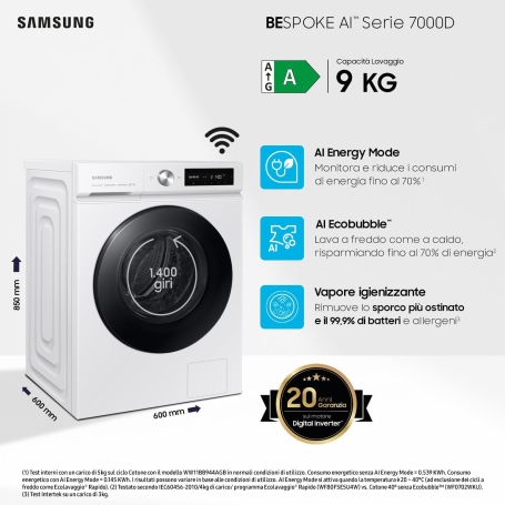 SAMSUNG WW90DB7U34GWU3 LAVATRICE 9KG 1400 GIRI VAPORE WI-FI CLASSE A