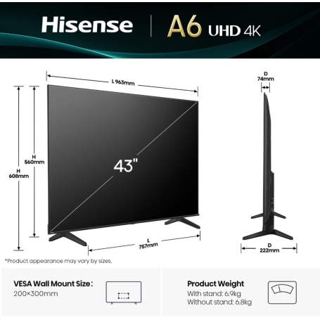 HISENSE 43A69Q TV LED 43'' SMART TV UHD 4K CLASSE E
