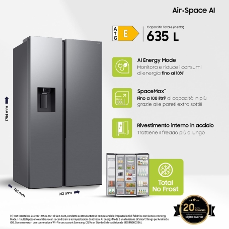 SAMSUNG RS70F65KETEF FRIGORIFERO SIDE BY SIDE 640LT NO FROST DISPENSER WIFI CLASSE E INOX