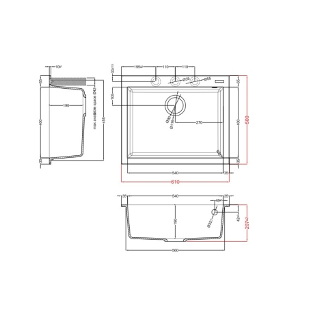 ELLECI QUADRA 110 LGQ11040 LAVELLO MONOVASCA 61X50 CM SOPRATOP IN GRANITEK NERO