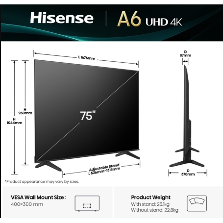 HISENSE 75A69Q TV LED 75'' SMART TV UHD 4K DVB-T2 HEVC /S2/C MPEG4