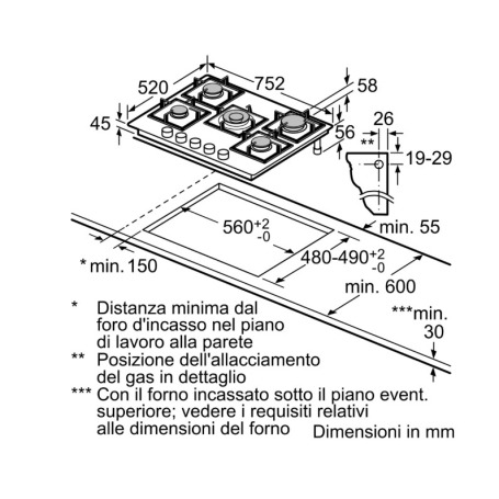 BOSCH PPQ7A6I15 PIANO COTTURA DA INCASSO 75CM 5 FUOCHI A GAS IN VETRO NERO