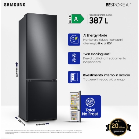 SAMSUNG RB38C7B6AB1 FRIGORIFERO COMBINATO BESPOKE 387LT NO FROST WIFI CLASSE A NERO