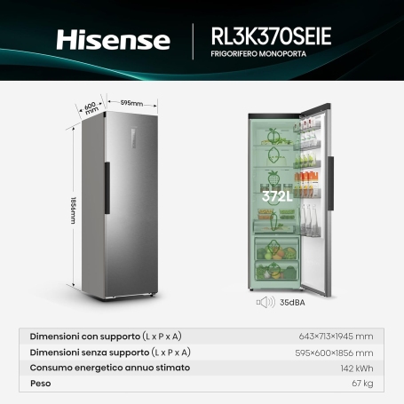 HISENSE RL3K370SEIE FRIGORIFERO MONOPORTA LIBERA INSTALLAZIONE 372LT TOTAL NO FROST KITCHEN FIT WIFI CLASSE E INOX