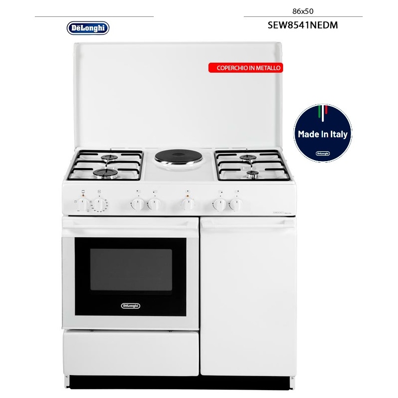 DE LONGHI SEW 8541 N ED CUCINA 86X50 4 FUOCHI A GAS + 1 PIASTRA FORNO ELETTRICO COLORE BIANCO - SEW8541NEDM