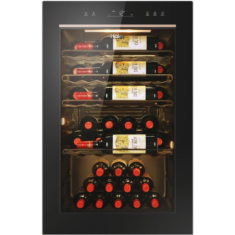 HAIER HWS49GAE CANTINETTA VINI 49 BOTTIGLIE ILLUMINAZIONE LED VETRO ANTI UV CLASSE F COLORE NERO