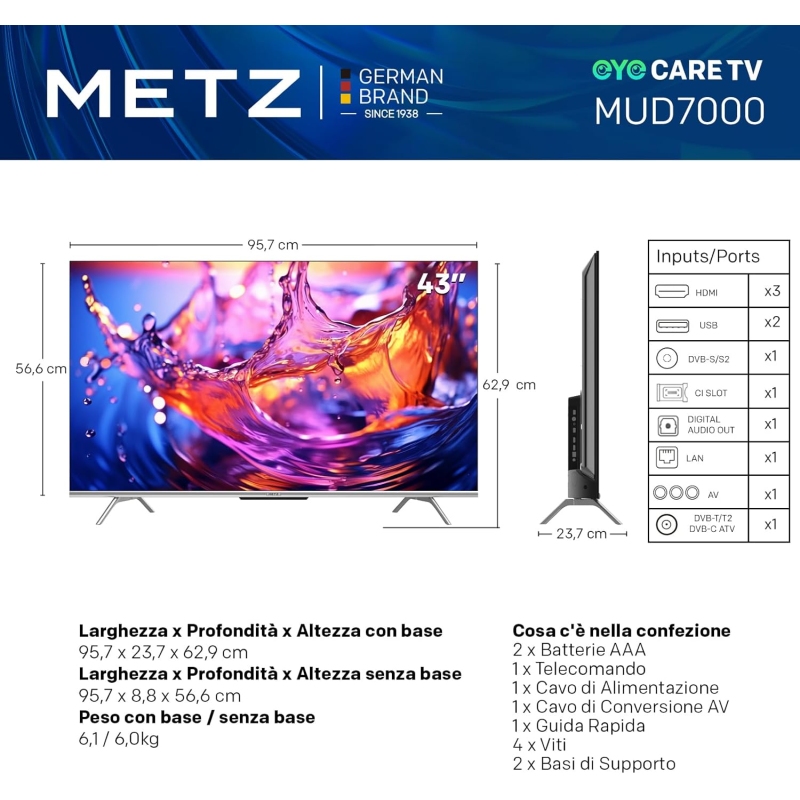 Metz Tv 43'' 43MUD7000Z Smart Tv Wifi 4K UHD