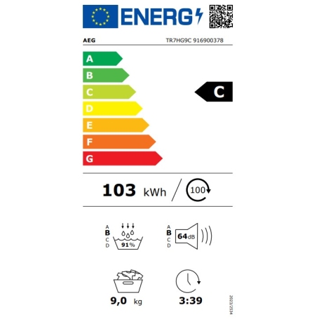 AEG TR7HG9C ASCIUGATRICE A POMPA DI CALORE 9KG SENSIDRY INVERTER CLASSE C