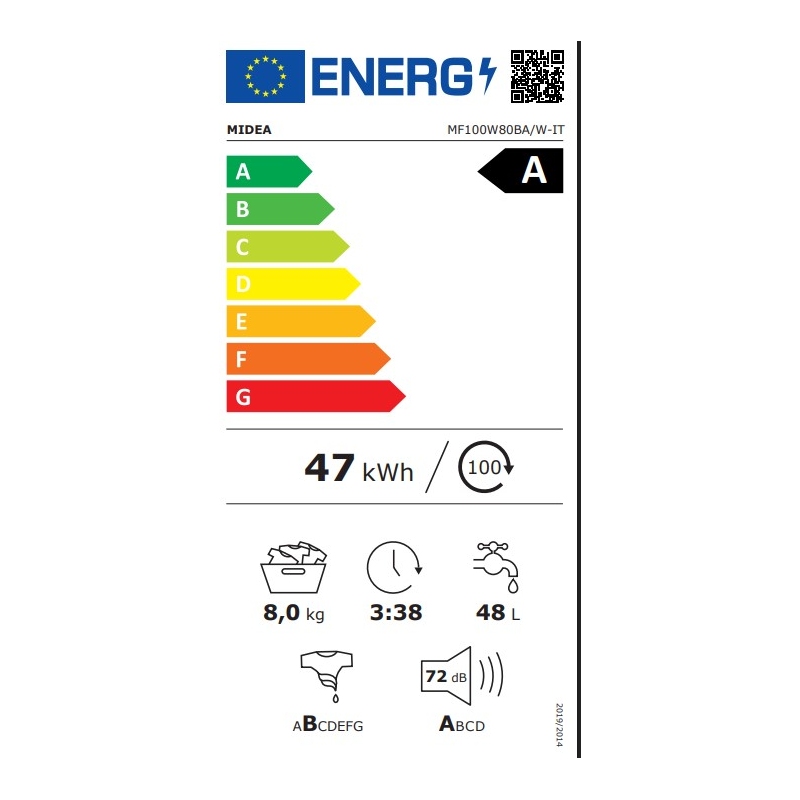 Etichetta energertica della Lavatrice Midea MF100W80BA/W-IT