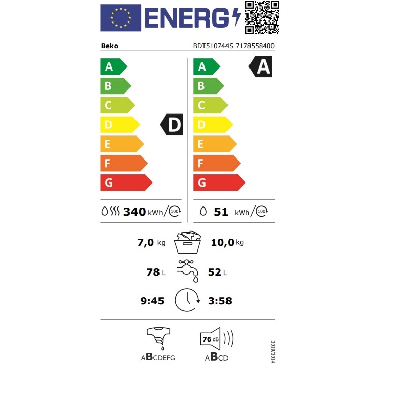 BEKO BDT510744S LAVASCIUGA 10/7 KG 1400 GIRI...