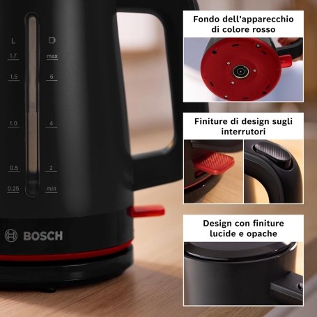 Bosch TWK3M123 Bollitore Elettrico, Capacità 1.7 LT, Riscaldamento Rapido, Filtro Anticalcare Removibile, Nero
