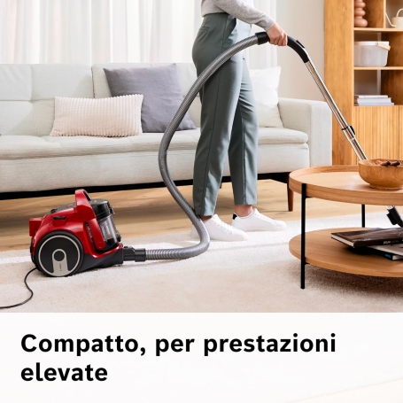 Bosch BGC05AAA2 Aspirapolvere a Traino Senza Sacco con Filtro Igienico PureAir, Design Compatto, Rosso