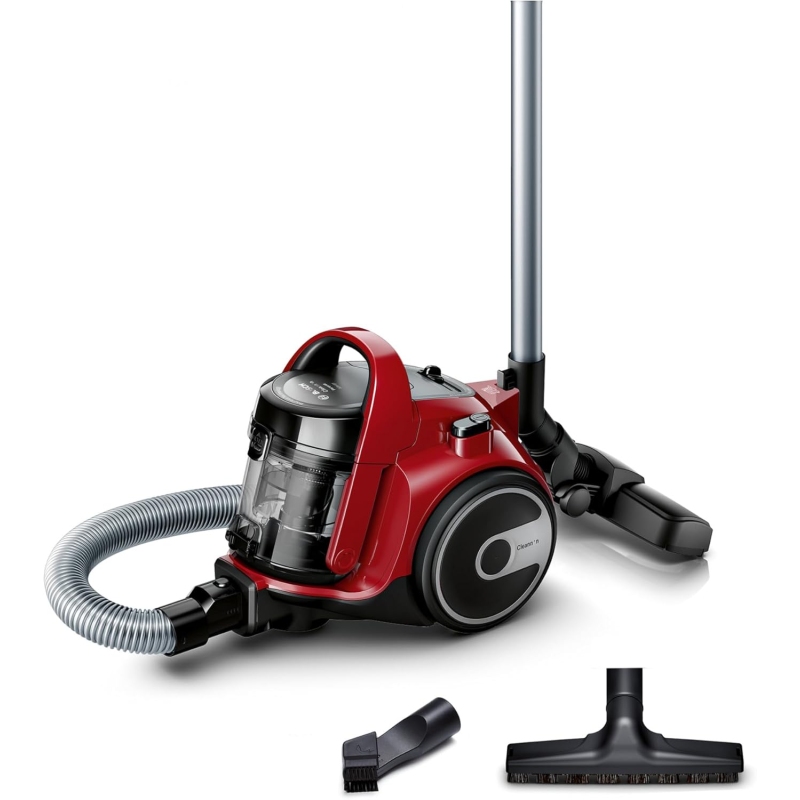 Bosch BGC05AAA2 Aspirapolvere a Traino Senza Sacco con Filtro Igienico PureAir, Design Compatto, Rosso