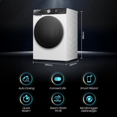 Hisense WF5S1045BW Lavatrice 10,5 Kg, 1400 giri, Autodose, Vapore, Wifi, Classe A