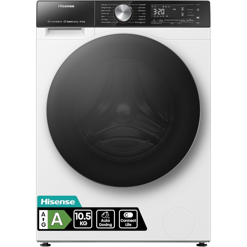 Hisense WF5S1045BW Lavatrice 10,5 Kg, 1400 giri, 15 Programmi, Autodose, Vapore, Wifi, Classe A