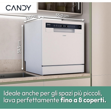Candy Rapido' CP 8F9FFW Lavastoviglie Compatta, 8 Coperti, 8 Programmi, Wifi, Bianca, Classe F