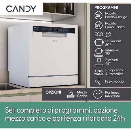Candy Rapido' CP 8F9FFW Lavastoviglie Compatta, 8 Coperti, 8 Programmi, Wifi, Bianca, Classe F