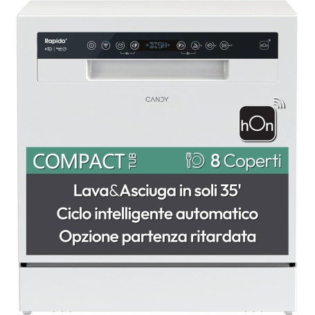 Candy Rapido' CP 8F9FFW Lavastoviglie Compatta, 8 Coperti, 8 Programmi, Wifi, Bianca, Classe F