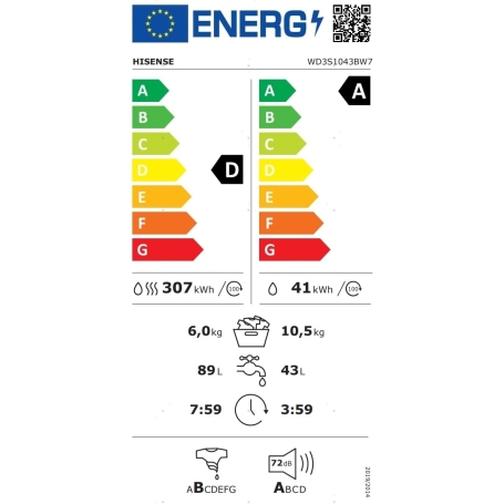 HISENSE WD3S1043BW7 Lavasciuga 10,5/6 Kg, 1400 giri, Vapore, Motore Inverter, Classe A/D