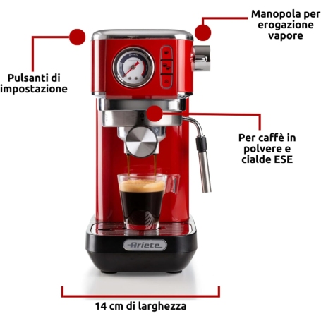 ARIETE 1381 MACCHINA DA CAFFE' ESPRESSO PER CIALDE O MACINATO 1300W SERBATOIO 1,1 LT ROSSO