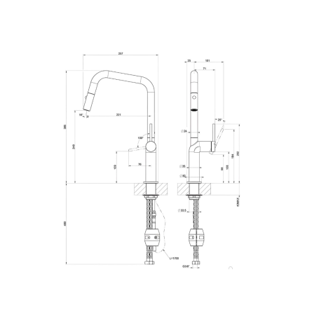 Dimensioni tecniche Gessi 60307 276 miscelatore cucina Stelo estraibile Agave