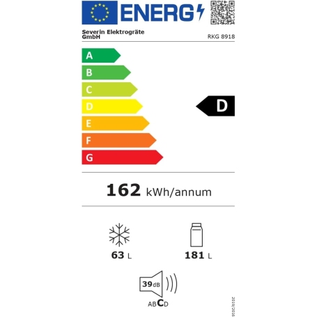 Etichetta energetica Severin RKG 8918 classe D consumo 162 kWh annui