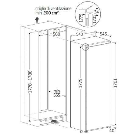 Disegno tecnico Beko BFNA247E40SN dimensioni 54 x 54,5 x 177,5 cm