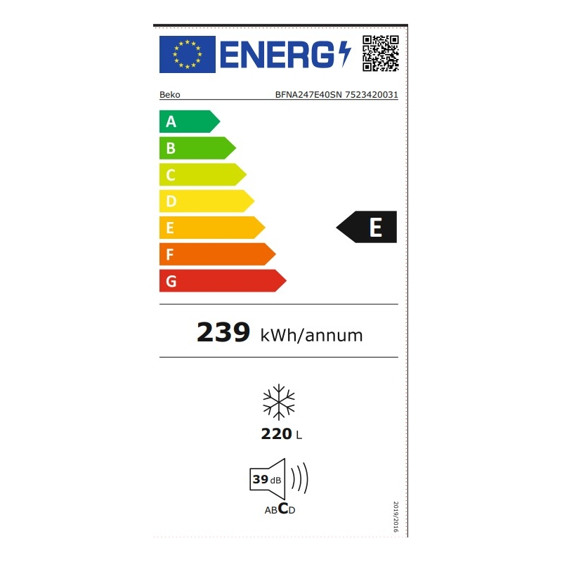 Etichetta energetica Beko BFNA247E40SN congelatore classe E