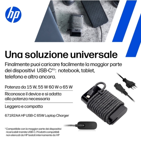 Hp 671R2AA 	Alimentatore Usb-C da 65W compatibile con Notebook, Tablet, Smartphone HP