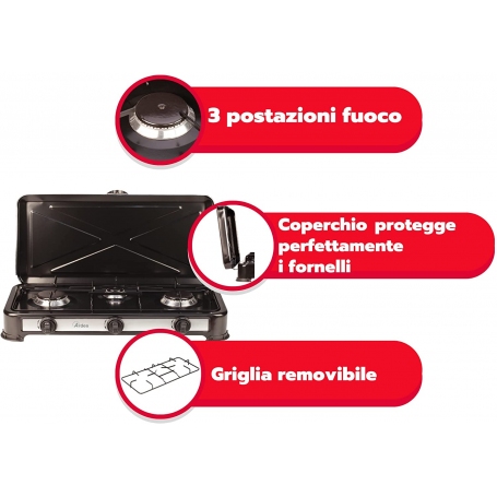 ARDES AR1FG03 ODINO 3 FORNELLINO PORTATILE 3 FUOCHI A GAS COLORE NERO - PROMO