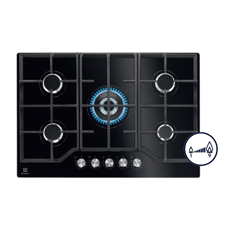 ELECTROLUX KGG75362K SERIE 600 ON GLASS PIANO COTTURA 75CM 5 FUOCHI A GAS COLORE NERO - PROMO