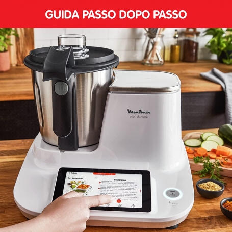 Moulinex HF506111 Click & Cook Robot da Cucina Multifunzione 32 Funzioni con 600 Ricette 1400 W Modalità Manuale 3.6L Schermo Touch da 30 a 120 °C 7 Accessori Inclusi 10 Programmi Automatici 