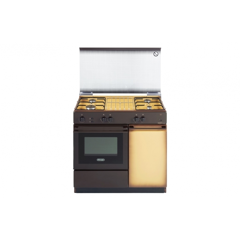 DE LONGHI SGGK854N CUCINA 86X50 CM 4 FUOCHI FORNO A GAS CON GRILL ELETTRICO COPERCHIO IN CRISTALLO MARRONE - PROMO
