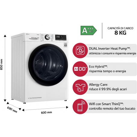 LG RC80V9AV3W ASCIUGATRICE ECO HYBRID 8KG CLASSE A+++ WI-FI A CONDENSAZIONE CON POMPA DI CALORE - PROMOZIONE