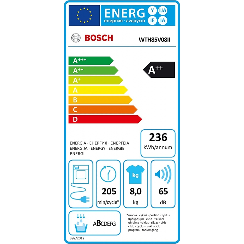 BOSCH WTH85V08II ASCIUGARTICE A POMPA DI CALORE 8KG SISTEMA AUTODRY SENSING DRYING INVERTER CLASSE A++