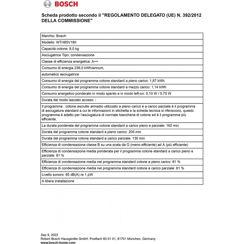 BOSCH WTH85V18II ASCIUGATRICE A POMPA DI CALORE EASYCLEAN 8KG CLASSE A++ - PROMO