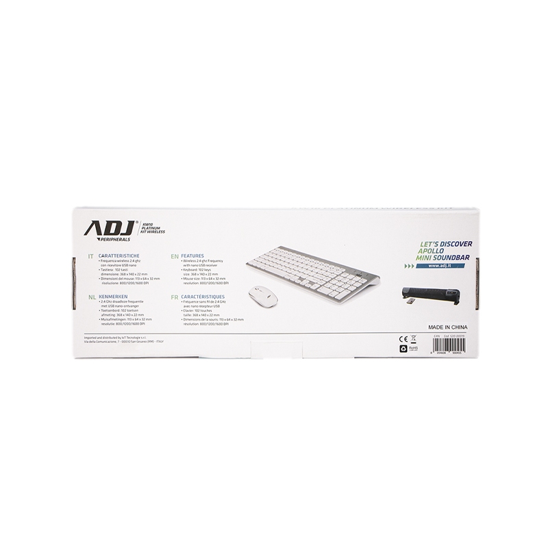 ADJ 520-00019 KW10 PLATINUM KIT TASTIERA+MOUSE WIRELESS RESISTENTE AGLI SCHIZZI D'ACQUA COLORE SILVER/BIANCO - PROMO