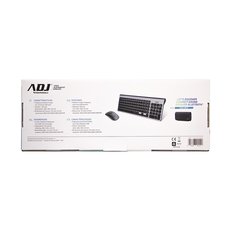 ADJ 520-00020 KW10 PLATINUM KIT TASTIERA+MOUSE WIRELESS RESISTENTE AGLI SCHIZZI D'ACQUA COLORE SILVER/NERO - PROMO